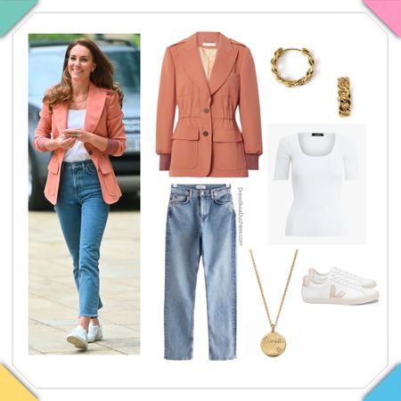 Kate Middleton pink chloe blazer safari jacket, Ralph Lauren top, & other stories jeans and Veja metallic sneakers 