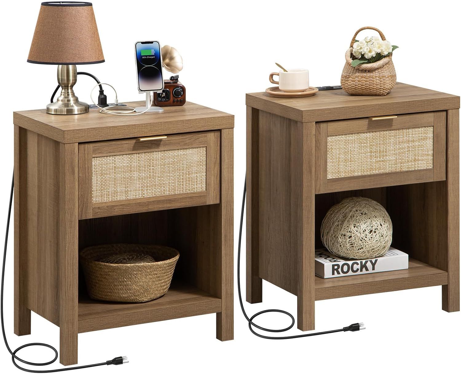 SICOTAS Rattan Nightstand Set of 2, Farmhouse Night Stands with Charging Station Bedside Table wi... | Amazon (US)
