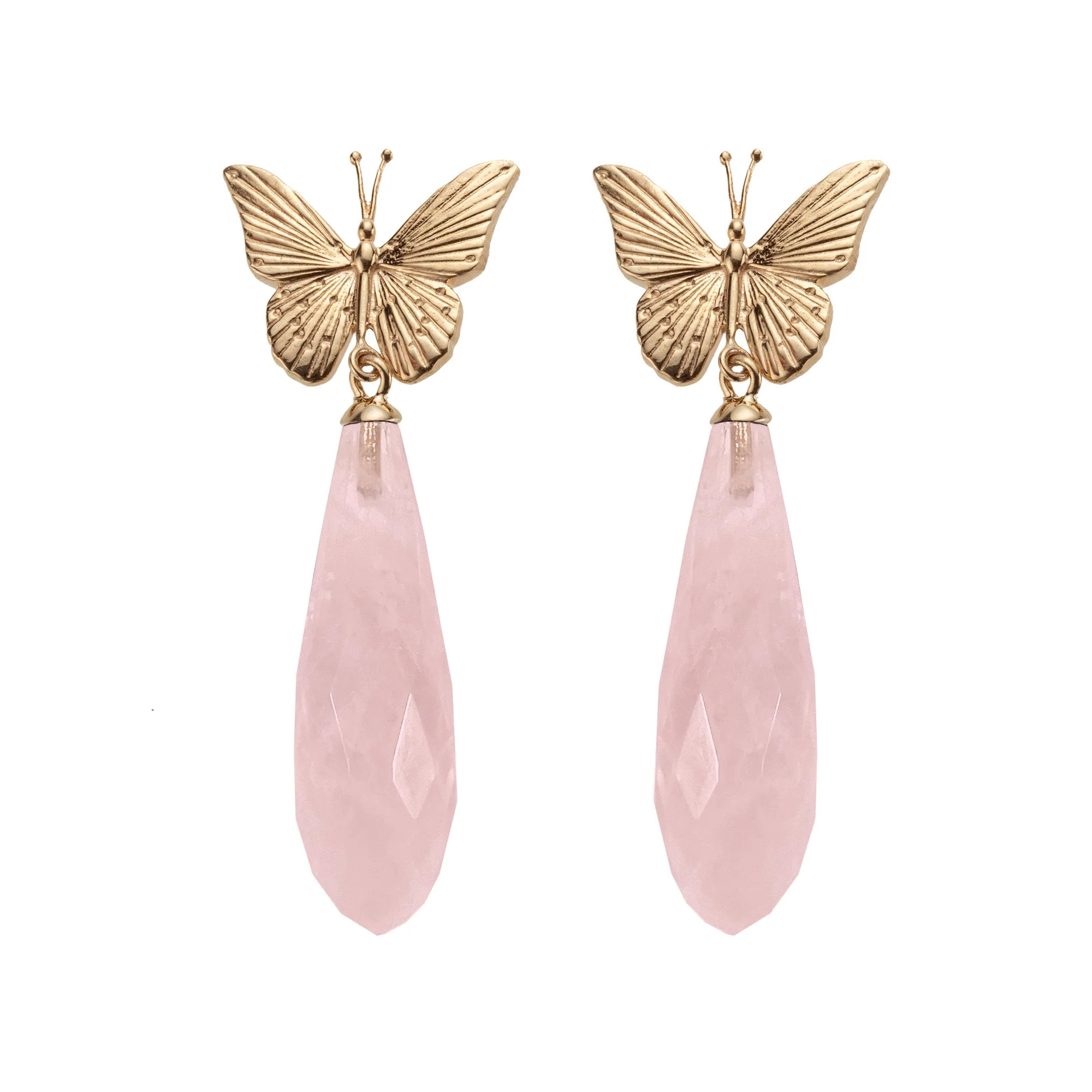 FREEDOM Butterfly Drop Earrings: Rose Quartz and 10k Gold SALE | Jane Win