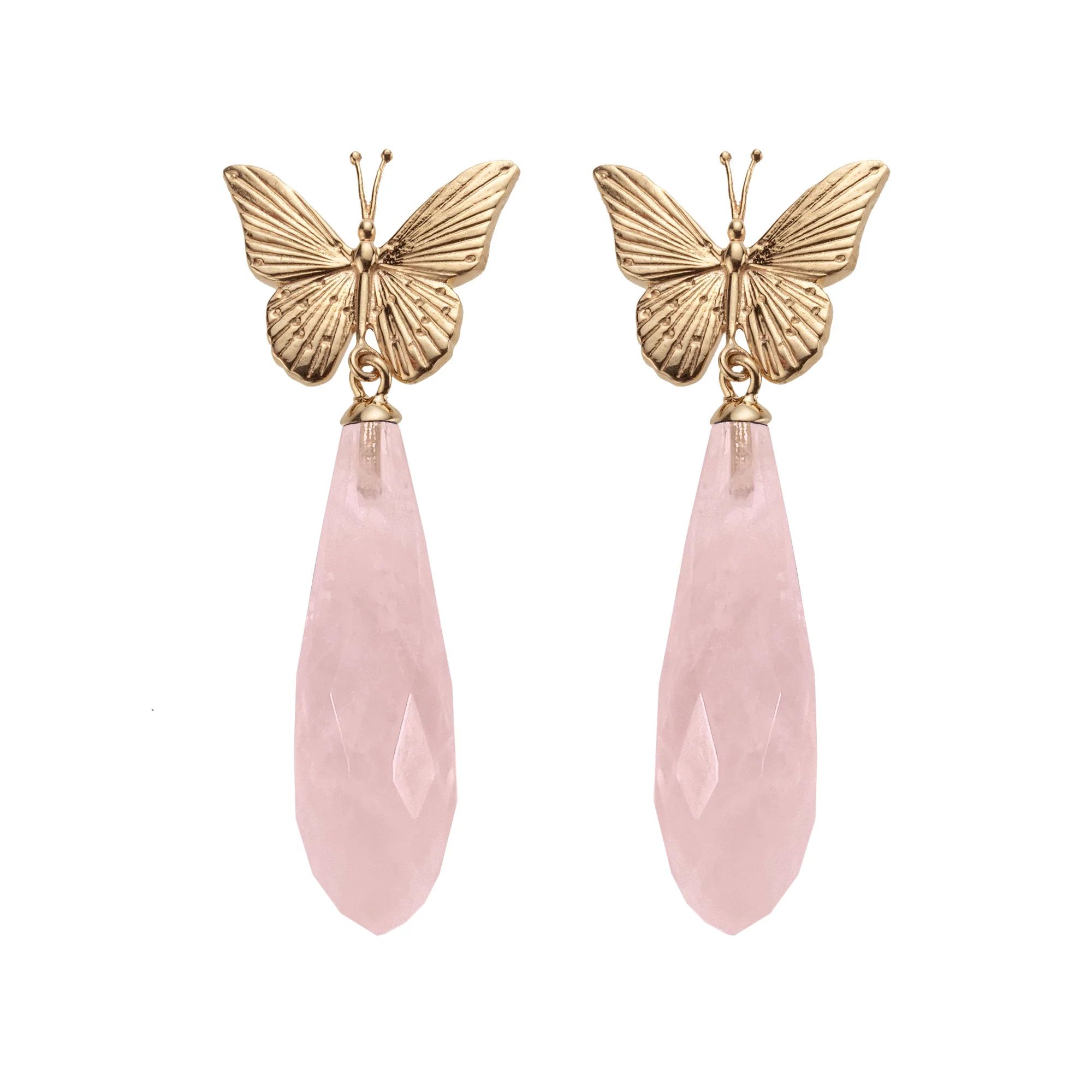 FREEDOM Butterfly Drop Earrings: Rose Quartz and 10k Gold SALE | Jane Win