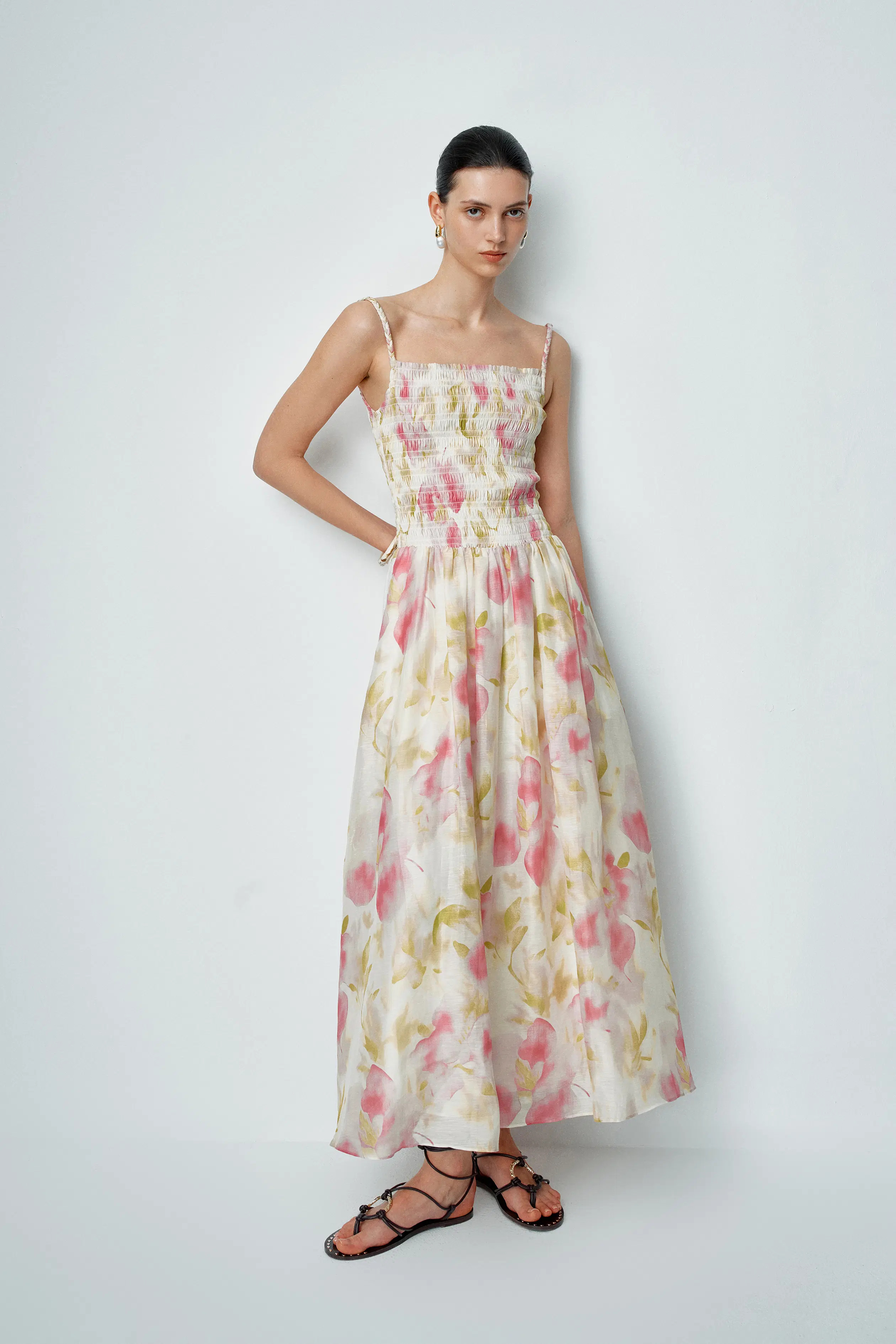 Kari Hand Woven Strap Shirred Dress in Silk-Linen Blend | Fabrique