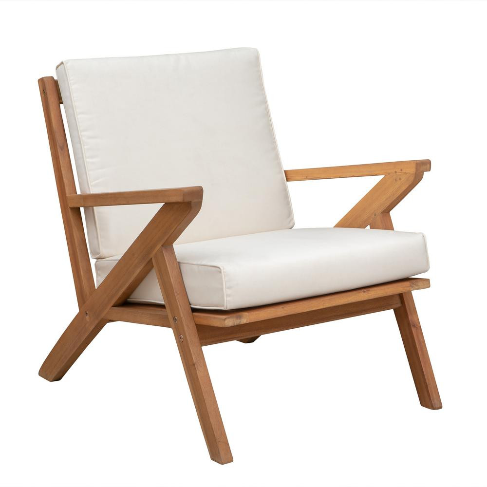 Patio Sense Oslo Stationary Solid Wood Outdoor Lounge Chair with Beige Cushion | The Home Depot
