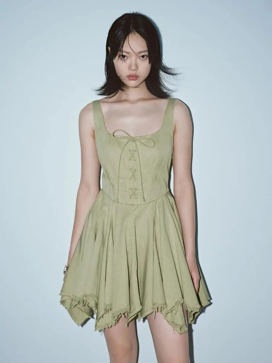 Cotton Lyocell Tie Detail Strappy A Line Midi Dresses | Urban Revivo