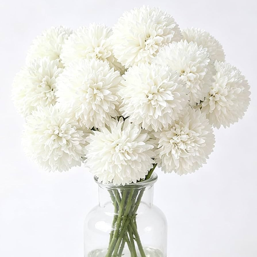 Tinsow 12PCS Artificial Ball Chrysanthemum Faux Flowers Bouquet White | Amazon (US)
