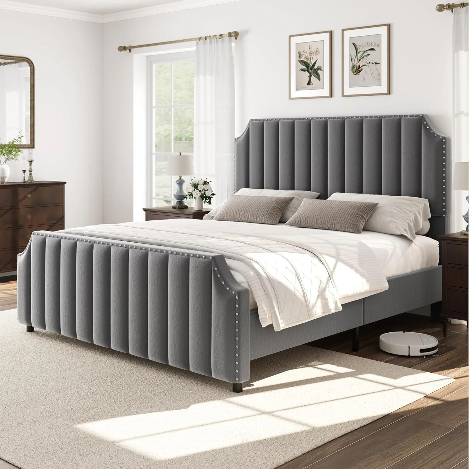 Garvee King Velvet Platform Bed with 502 Inch Tufted Headboard and Footboard Vertical Channel Design Nailhead Trim Grey one_size | LXL-PHO-14Z0DG8X | Lowe's