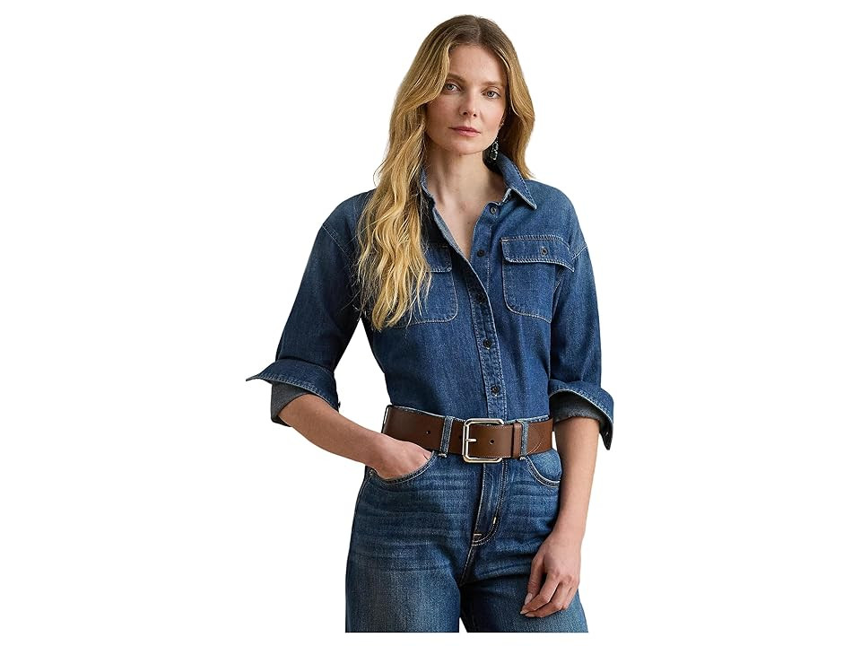 Lauren Ralph Lauren Denim Shirt Women's Clothing Atecco Wash : SM, Twill/Denim/Cotton | Zappos