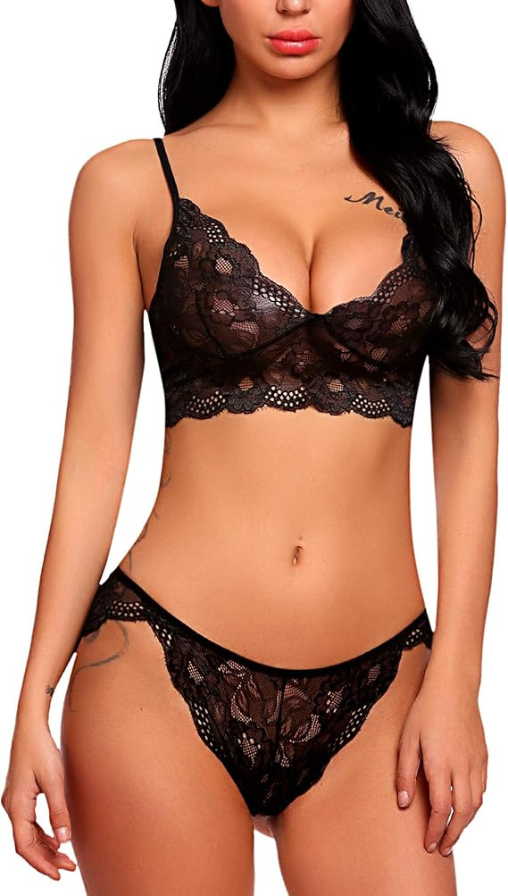 ADOME Women's Lace Lingerie Bra and Panty Set Strappy Babydoll Bodysuit | Amazon (US)