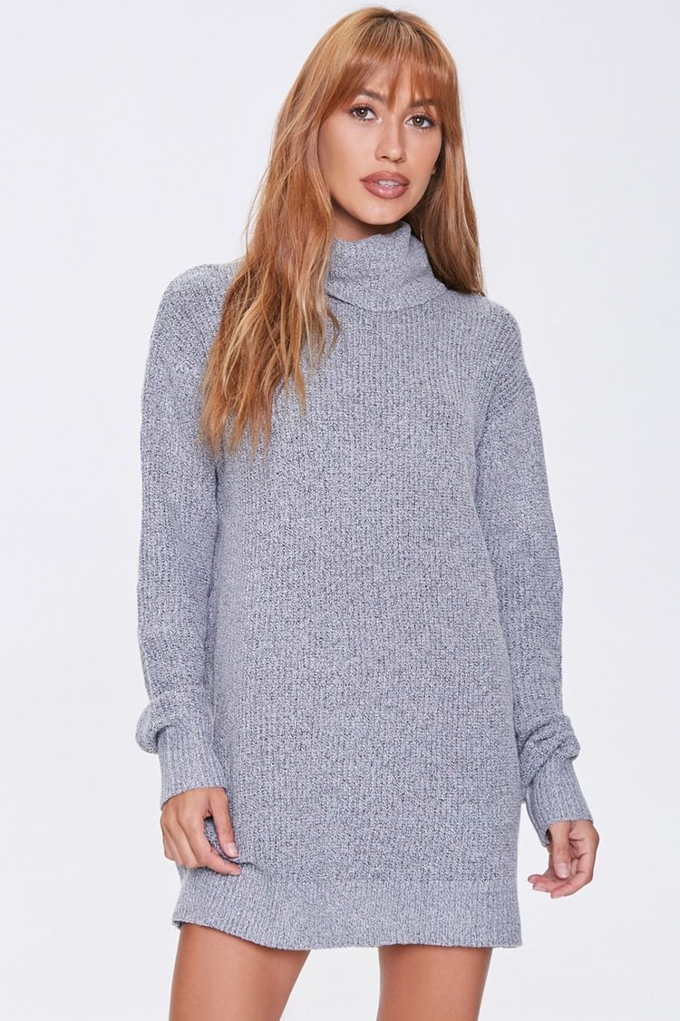 Ribbed Turtleneck Sweater Dress in Heather Grey Medium | Forever 21 (US)