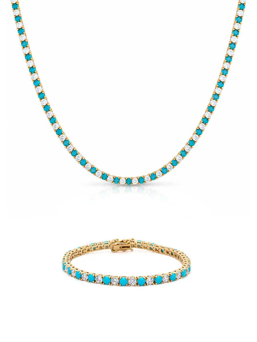Dee Alternating Turquoise and CZ Tennis Necklace + Bracelet Set | leMel