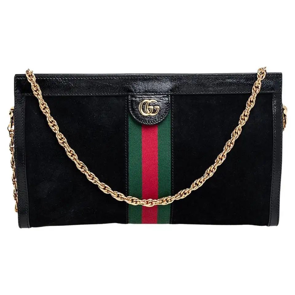 Gucci Black Suede and Patent Leather Medium Ophidia Chain Shoulder Bag | 1stDibs