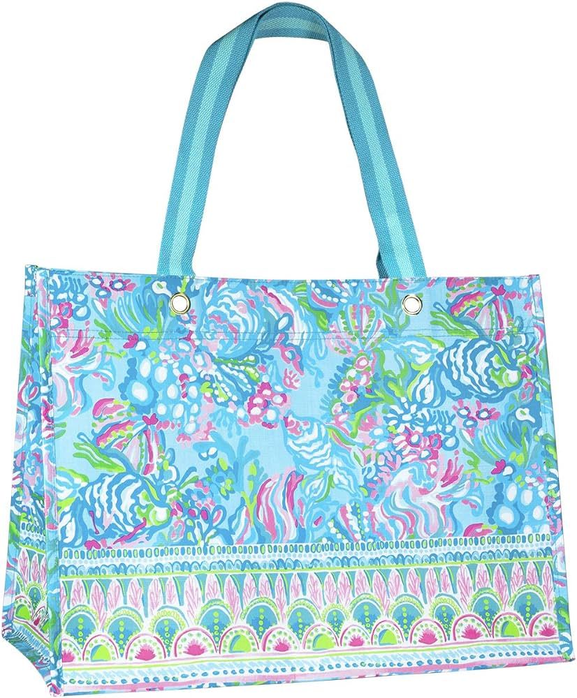 Lilly Pulitzer Blue/Green XL Market Shopper Bag, Oversize Reusable Grocery Tote with Comfortable ... | Amazon (US)