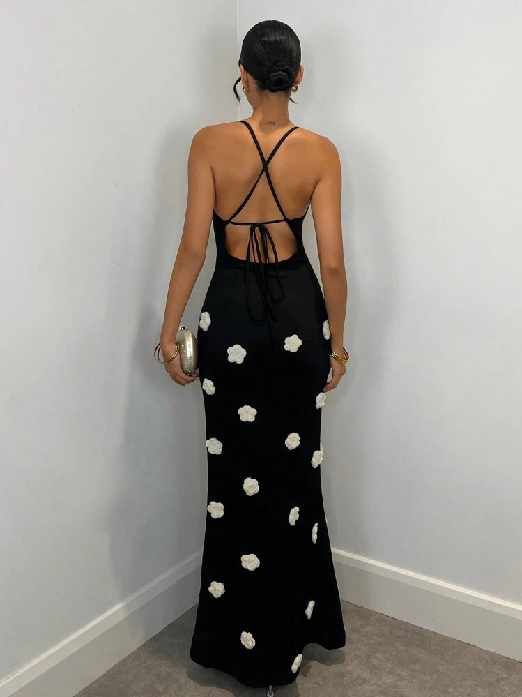 SHEIN BAE Elegant Crochet 3D Floral Contrast Color Backless Dress, Summer Autumn Winter Beach Vacation Party Everyday Wear, Sexy,Summer Dresses For Women,Tea Party Dress | SHEIN