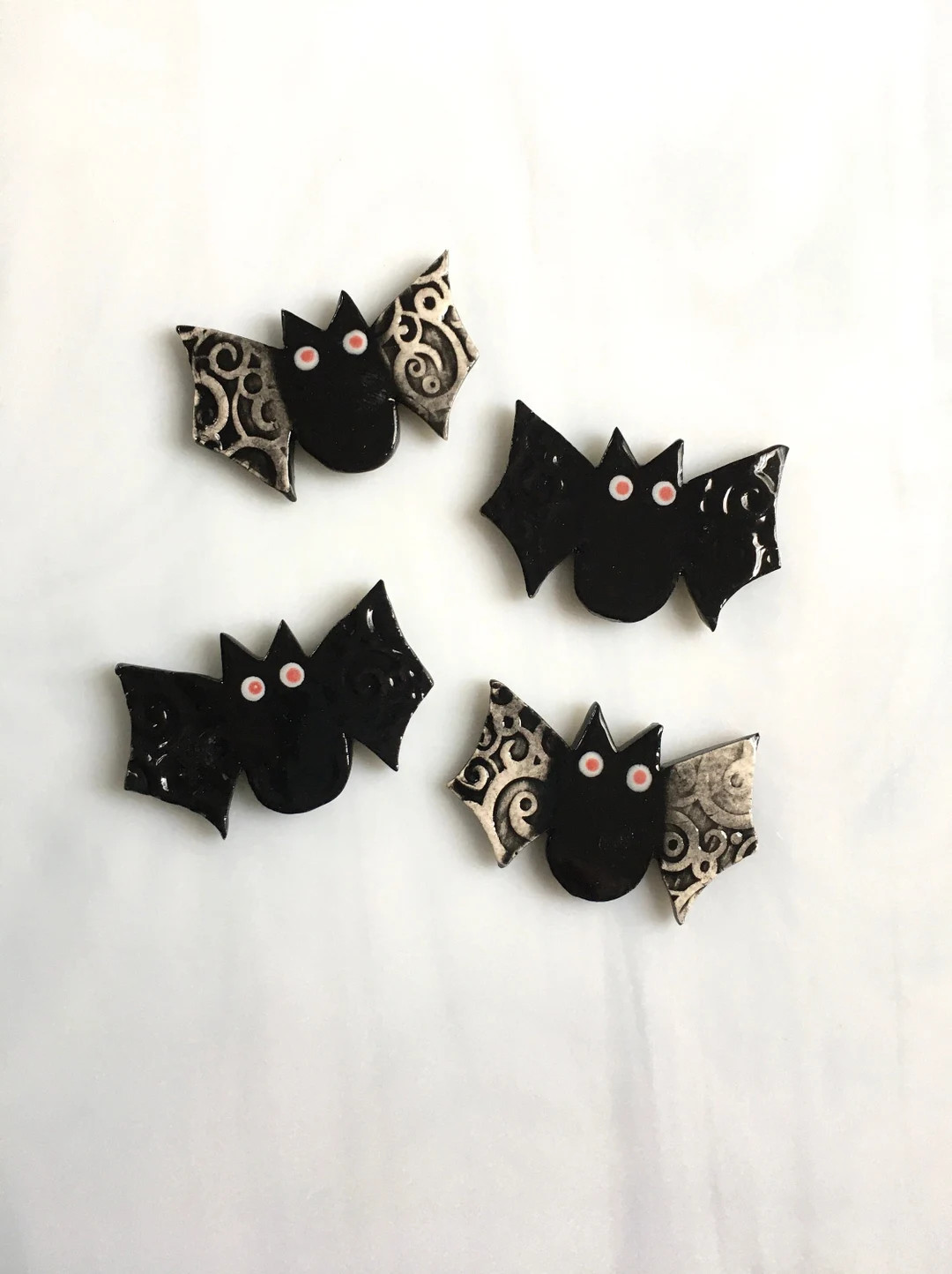 Ceramic Bat Tiles, 4 Pcs, Whimsical Halloween Tiles, Stamped Design Wings, Clay Bat Cabochons, Ma... | Etsy (US)