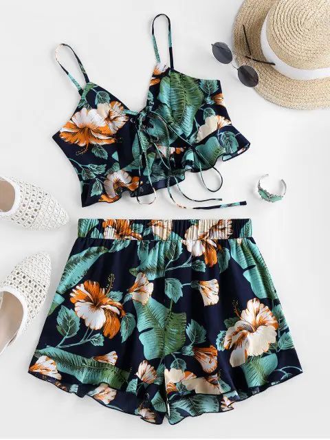 ZAFUL / Women / Two-Piece Outfits / Short Sets / ZAFUL Flounce Tropical Print Co Ord Set | ZAFUL (Global)