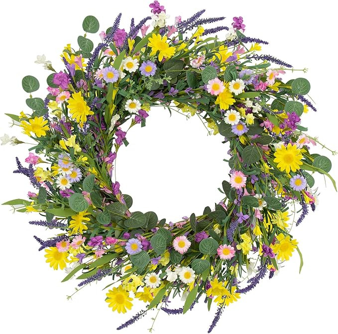 J'FLORU Spring Wreaths for Front Door 22 Inch Artificial Summer Wreath Daisy and Lavender Wreath ... | Amazon (US)