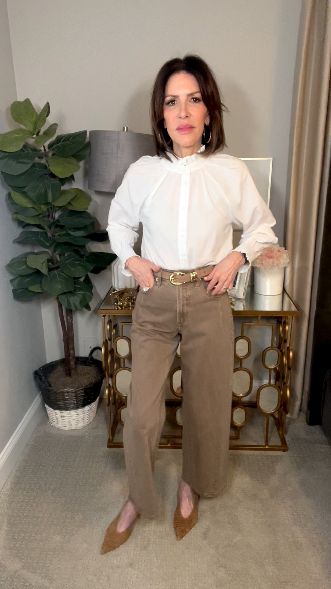 white ruffle neck top, tan suede belt, tan wide leg jeans, gold hoop earrings, over 50 outfits, neutral outfit, chic outfit 

#LTKOver40 #LTKootd #LTKSeasonal