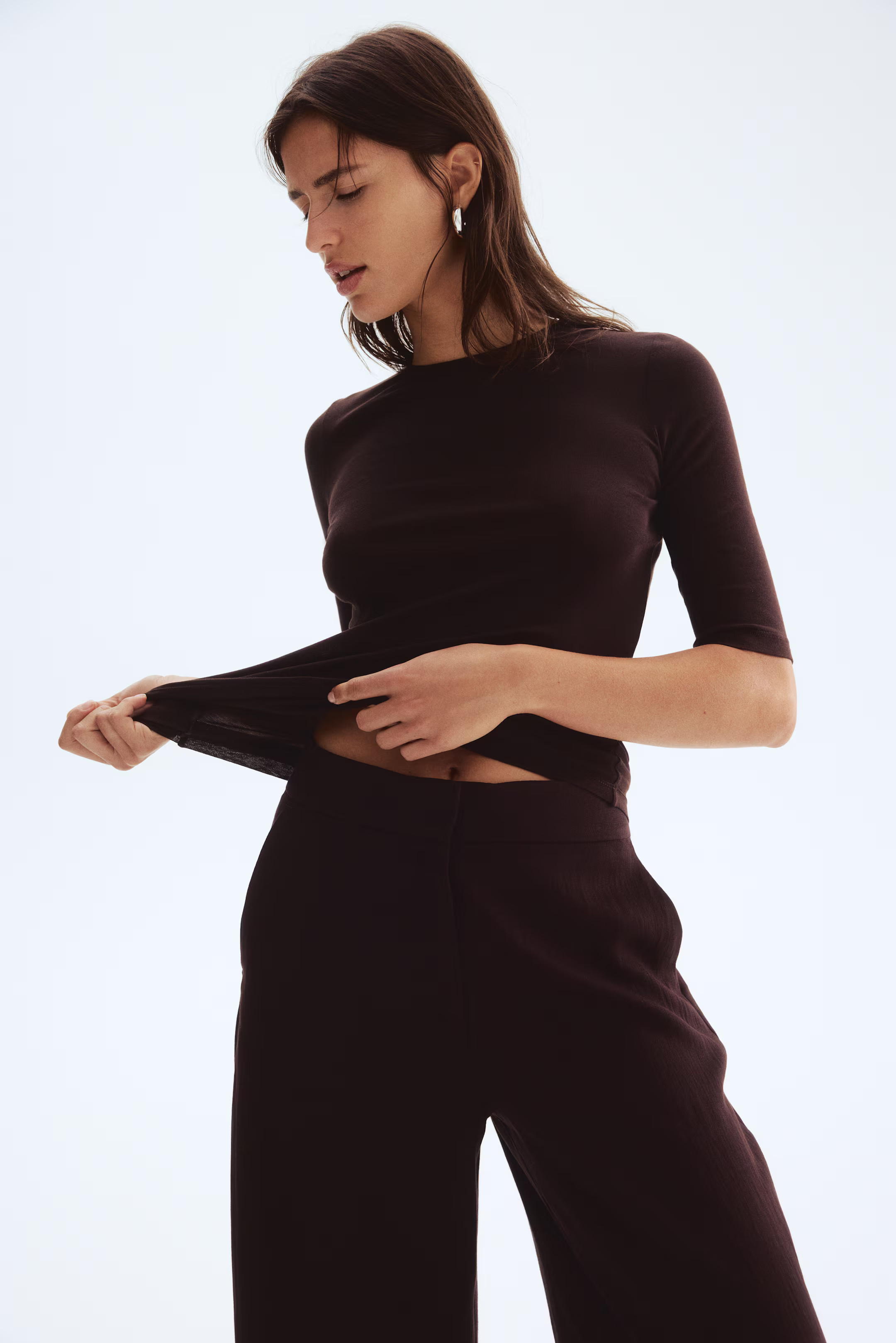 Wide twill trousers - Dark brown - Ladies | H&M GB | H&M (UK, MY, IN, SG, PH, TW, HK)