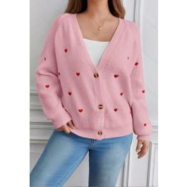 Heart Embroidery Button-Front Ribbed Knit Cardigan in Pink | Chicwish