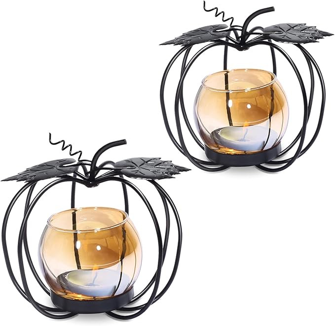 Pumpkin Glass Votive Candle Holder, Set of 2, Decorative Matte Black Iron Tea Light Candle Holder... | Amazon (US)