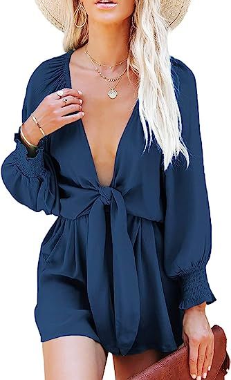 AlvaQ Rompers for Women Dressy Spring Summer Tie Knot Front Sexy V Neck Jumpsuits | Amazon (US)
