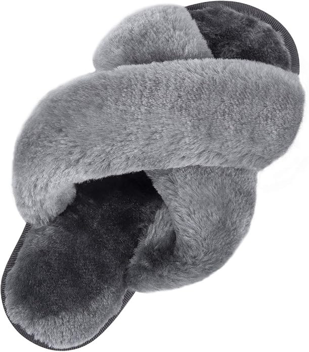 Bhupen Slippers for Women,Cross Band Soft Plush Fleece Slip On House Open Toe Slippers Indoor Out... | Amazon (US)