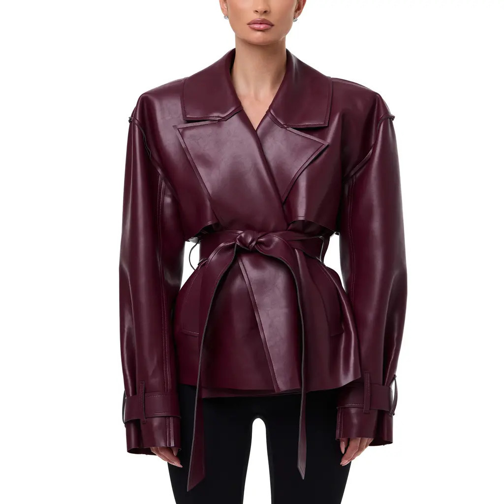 Naked Wardrobe Faux Leather Crop Trench Coat in Burgundy at Nordstrom, Size X-Large | Nordstrom