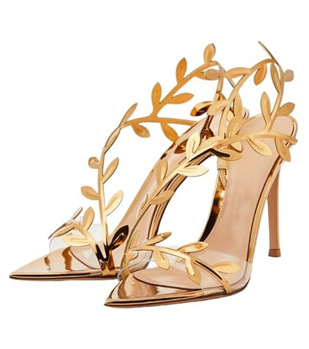 sexytag Gold Heels Clear Stiletto High Heels Pointed Open Toe Flower Strappy Slingback Heeled Sandals for Women Wedding Dress Party Prom Heels Gold Size 9 | Amazon (US)