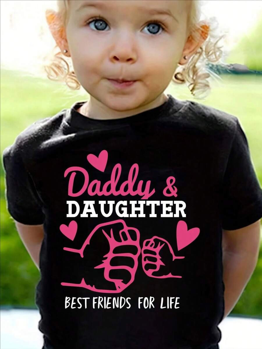 LocalDaddy & Daughter Best Friends For Life" Black T-Shirt - Soft Cotton Blend, Casual Crew Neck,... | SHEIN