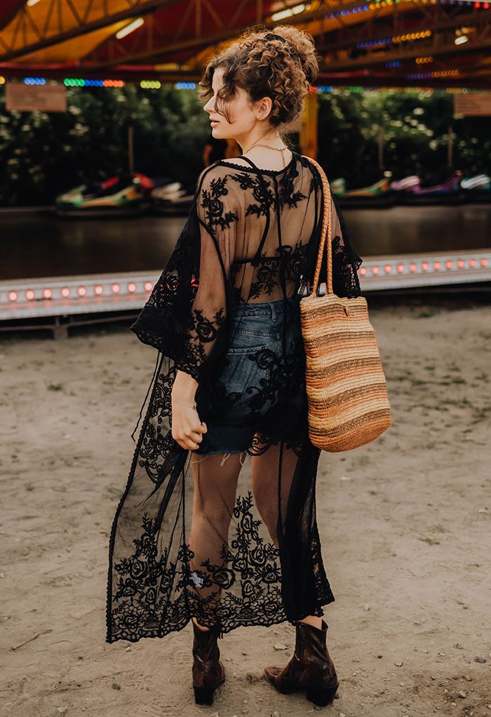 Floral Embroidery Self-Tie Front Kimono in Black | Chicwish