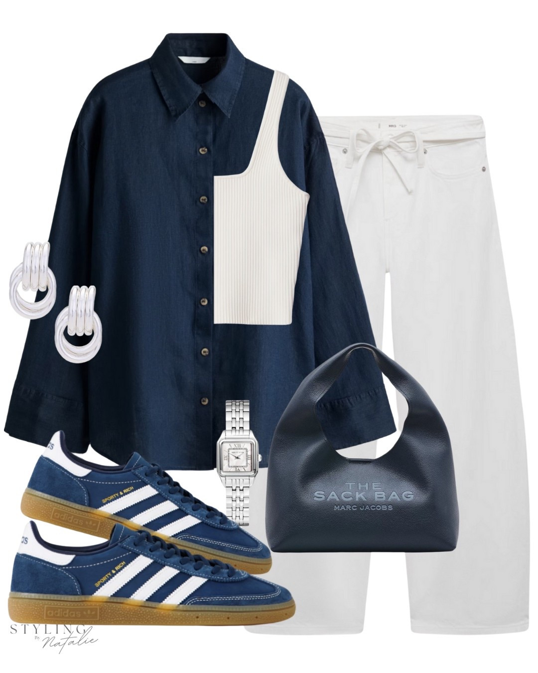 Navy blue summer outfit, navy oversized linen shirt, crop ribbed vest top, white tie jeans, navy Adidas Spezial, navy Marc jacobs sack bag & silver accessories. Summer fashion, casual style, street style, H&M, mango, high street.

#LTKsummer #LTKmidsize #LTKstyletip