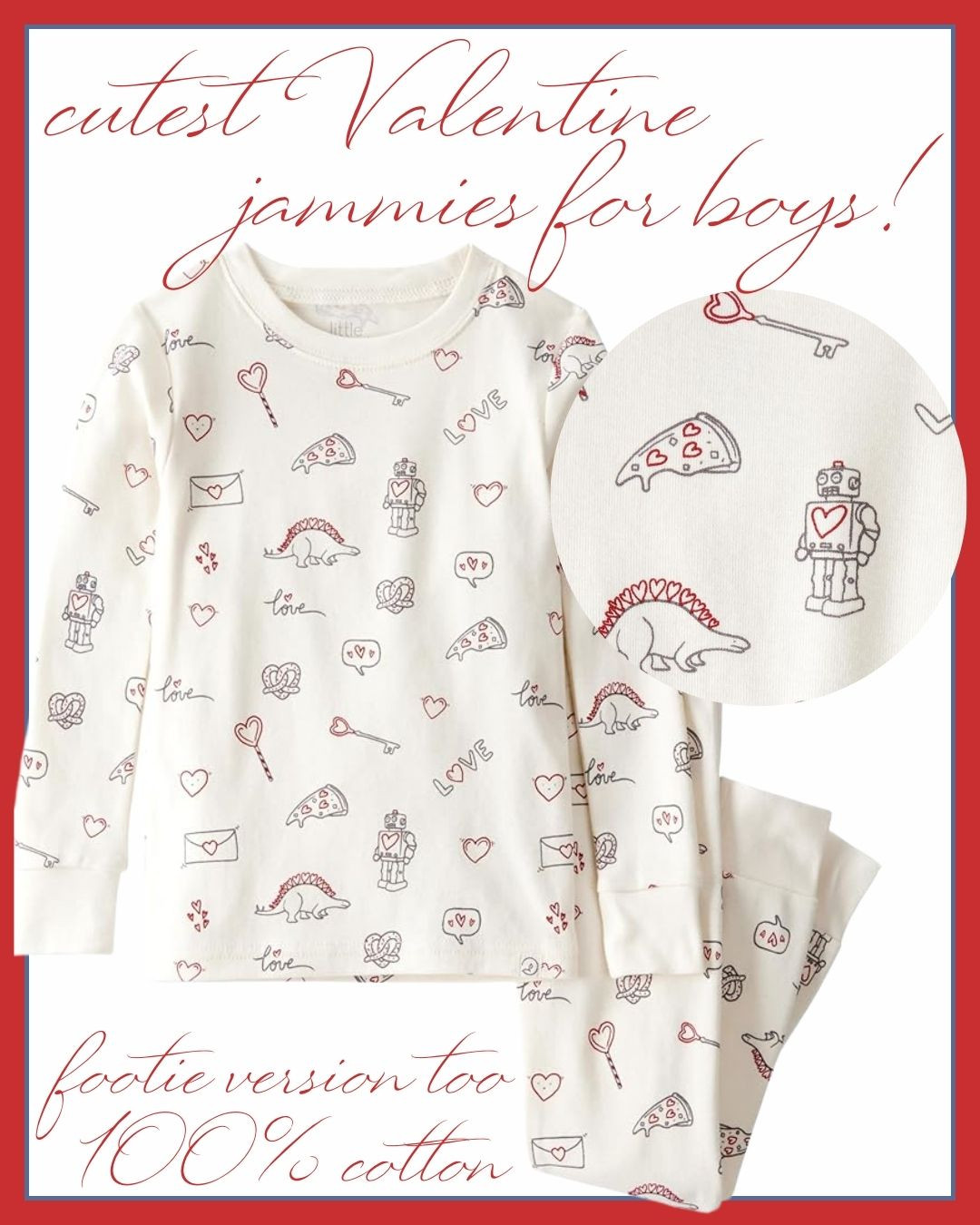 Cute Valentine's Day pajamas for boys! Heart, robot, and dinosaur designs. Made with 100% cotton, perfect for snuggling up. #valentinesday #kidspajamas #heartdesign 

 #LTKSeasonal #LTKBaby #LTKKids