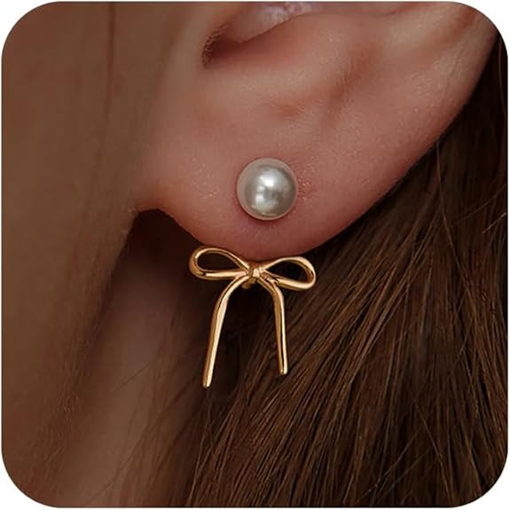 Risamil 14K Gold Plated/Silver Earrings for Women Trendy, Dainty Bow Earrings for Women Cute Pear... | Amazon (US)