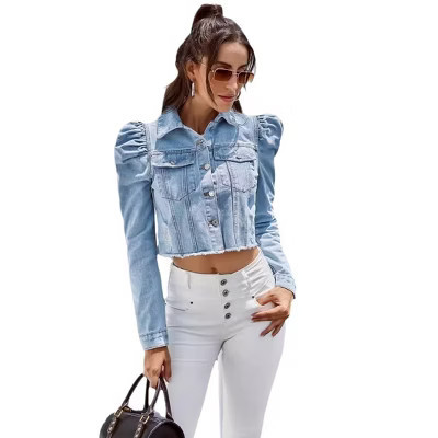 Coolmee Women's Ripped Puff Sleeve Denim Crop Top Long Sleeve Cropped Jean Jacket Light Blue S | Target