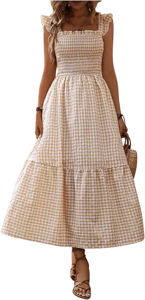 MakeMeChic Women's Shirred Plaid Gingham Dress Boho Ruffle Hem Frill Trim A Line Flowy Midi Dress... | Amazon (US)