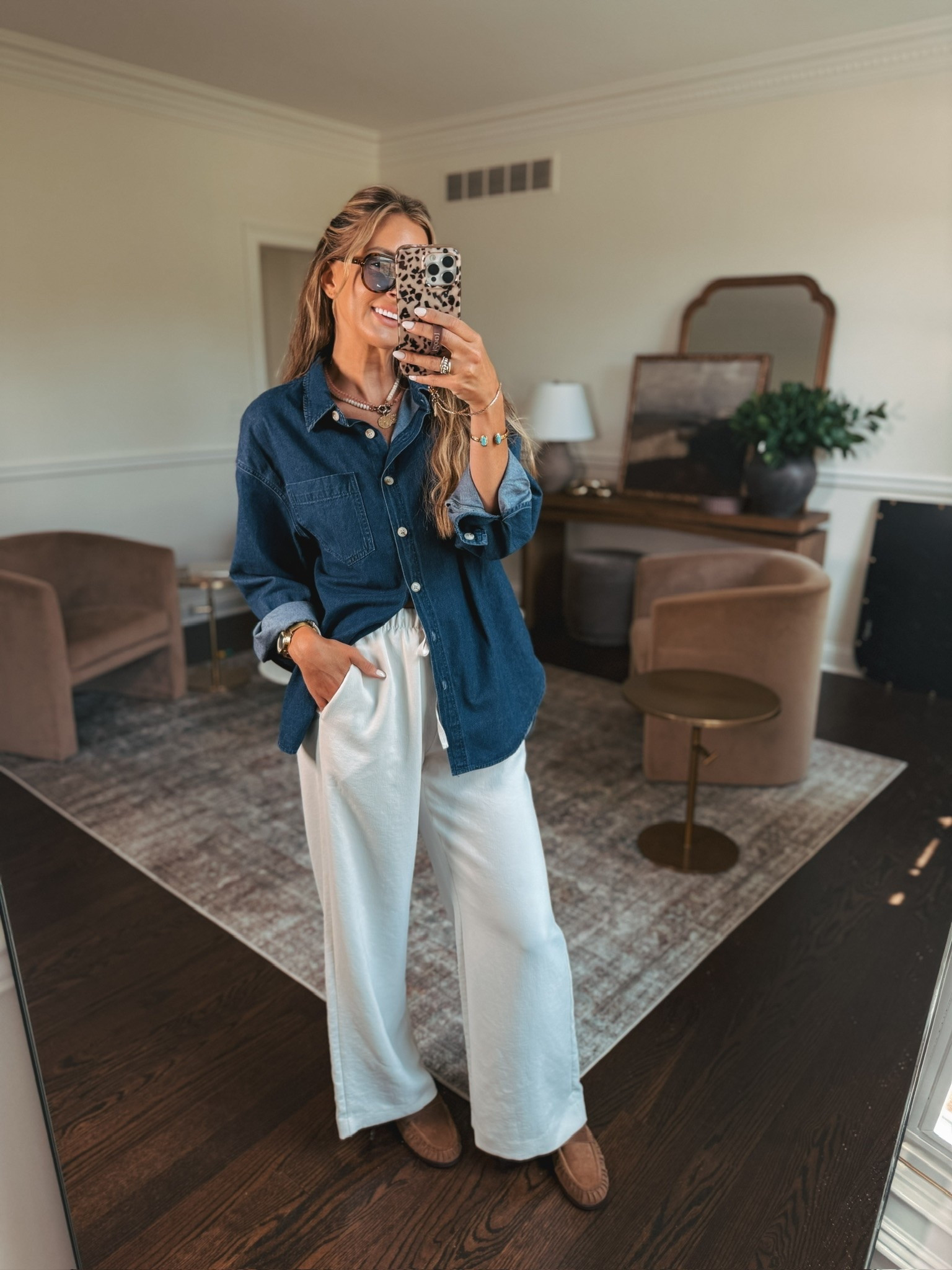 Late summer/early fall outfit idea. I love this oversized denim shirt with the viral lounge pants (for less!) trending

#LTKgrwm #LTKootd #LTKmomlife