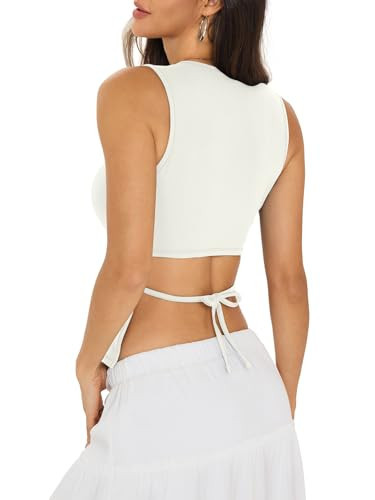 Eachyes Womens Open Back Tank Top High Neck Sleeveless Shirts Summer Sexy Tie Backless Crop Tops Slim Fit Y2k Going Out Cute Crew Neck Clothes 2026 White Small | Amazon (US)