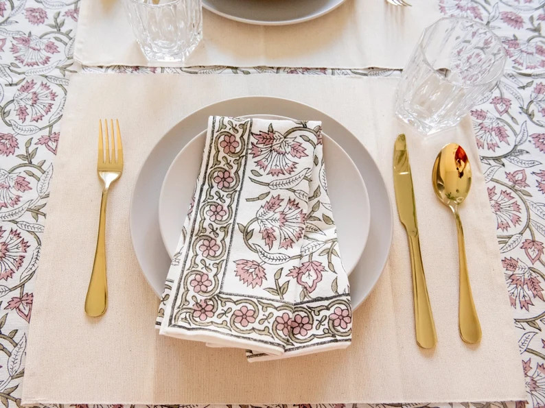 Indian Block Print Napkins | Dinner Napkin Set | Pink Floral Napkins | Vintage Look | Holiday Tab... | Etsy (US)