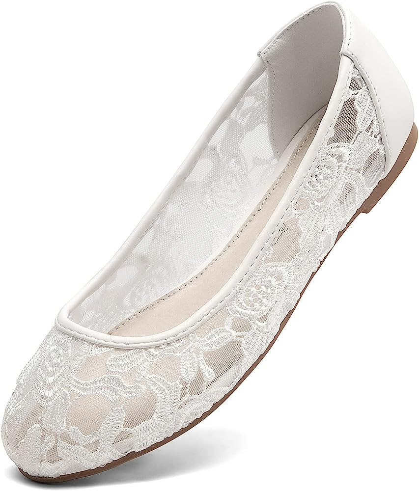 Greatonu Women's Flats Cut Out Round Toe Slip On Floral Ballet Flat Comfortable Lace Flats Dressy | Amazon (US)