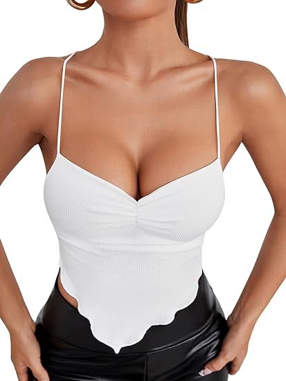 SheIn Women's Ruched Frill Crisscross Tie Back Cami Crop Top Asymmetrical Sleeveless Backless Cam... | Amazon (US)