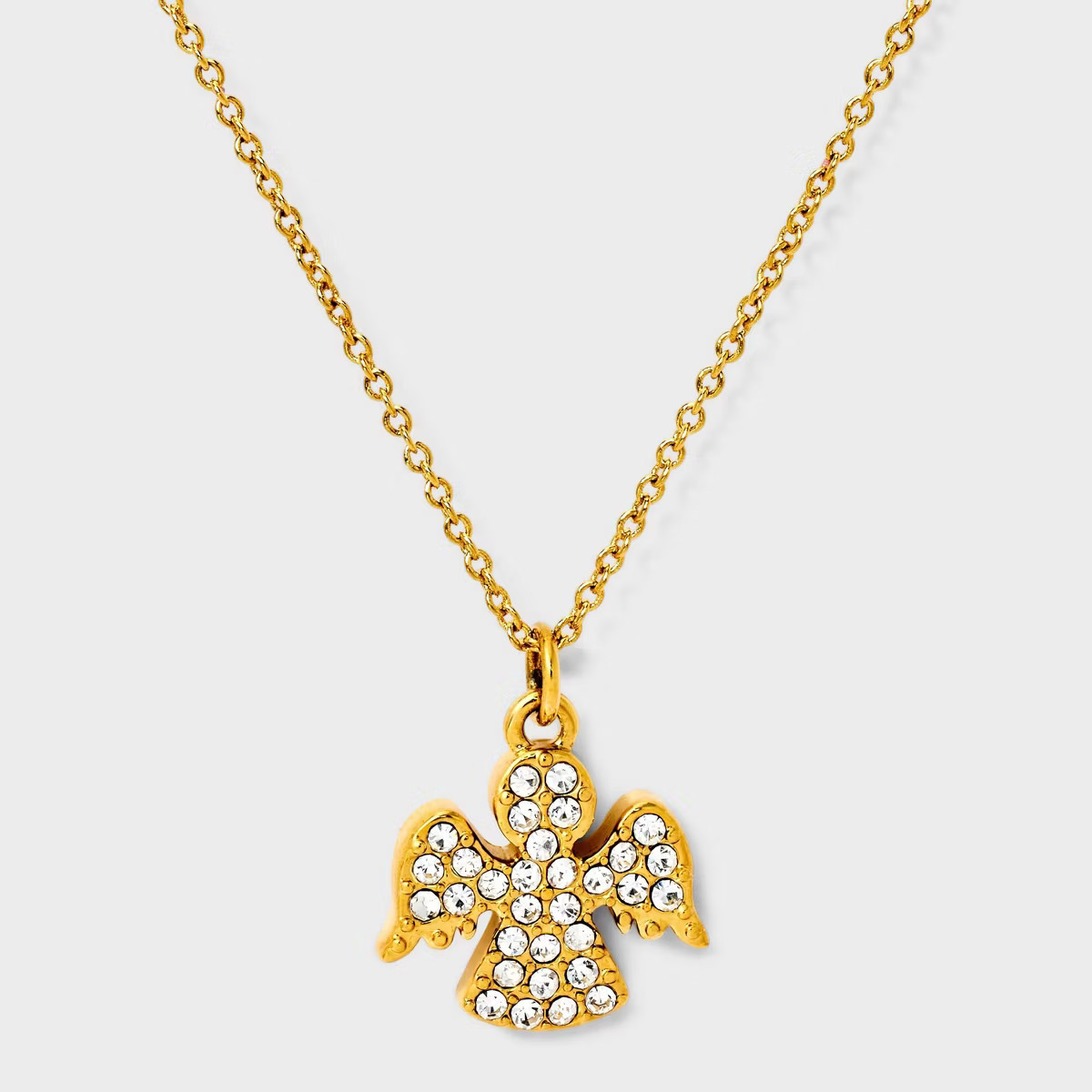 Tiny Tags 14K Gold Ion Plated with Pave Angel  Crystal Necklace - Gold | Target