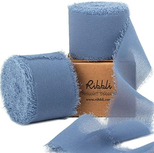 Ribbli Dusty Blue Chiffon Ribbon 1-1/2 inch x 20 Yard Handmade Fringe Chiffon Silk Ribbon for Weddin | Amazon (US)