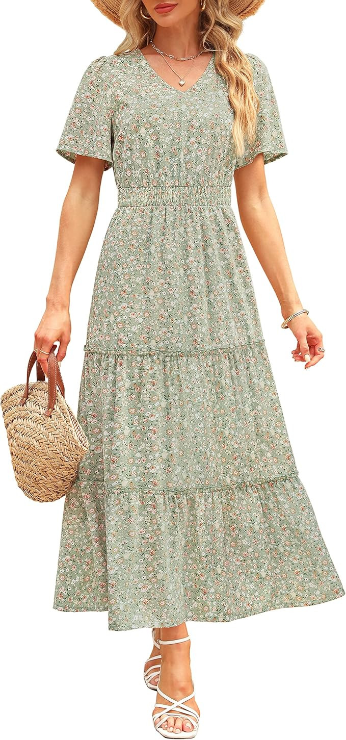 Zattcas Womens 2023 Summer Casual Long Dress Short Flutter Sleeve V Neck Smocked Tiered Modest Fl... | Amazon (US)