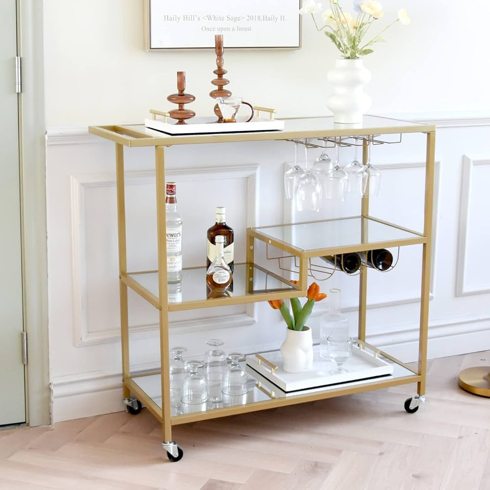 Gold Mirror Rolling Bar Serving Cart in Lockable Wheels, Wine Cart with Wine Holders and Glass Ra... | Amazon (US)