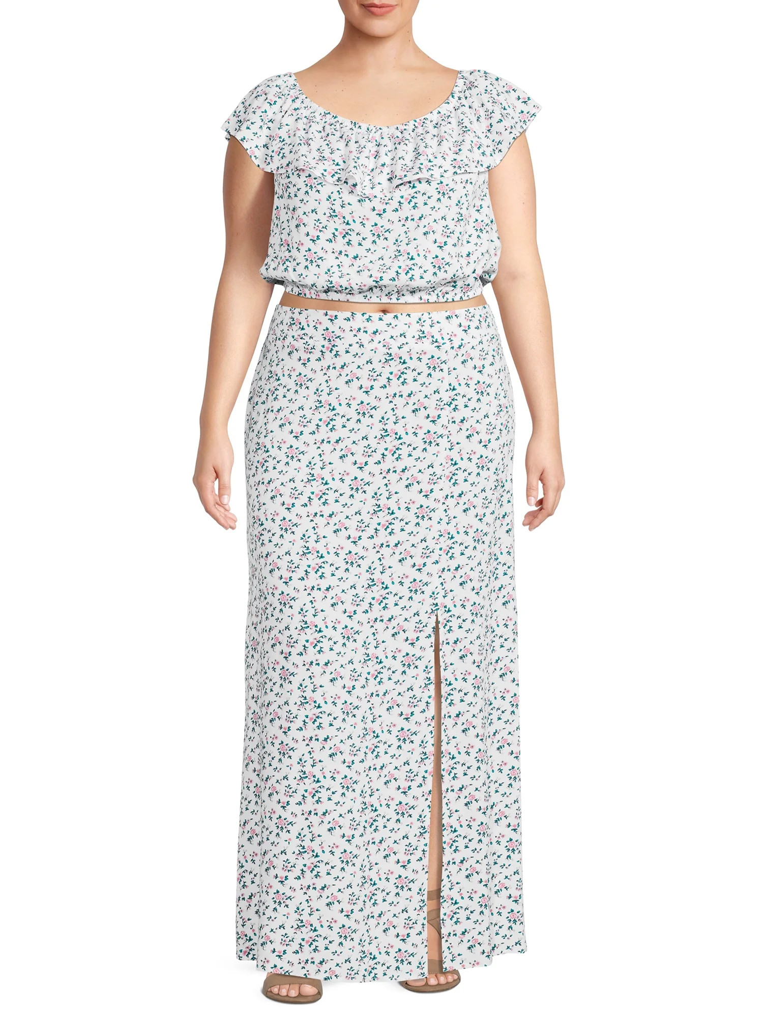 No Boundaries Juniors' Plus Size Floral Top and Peasant Skirt, 2-Piece Outfit Set | Walmart (US)