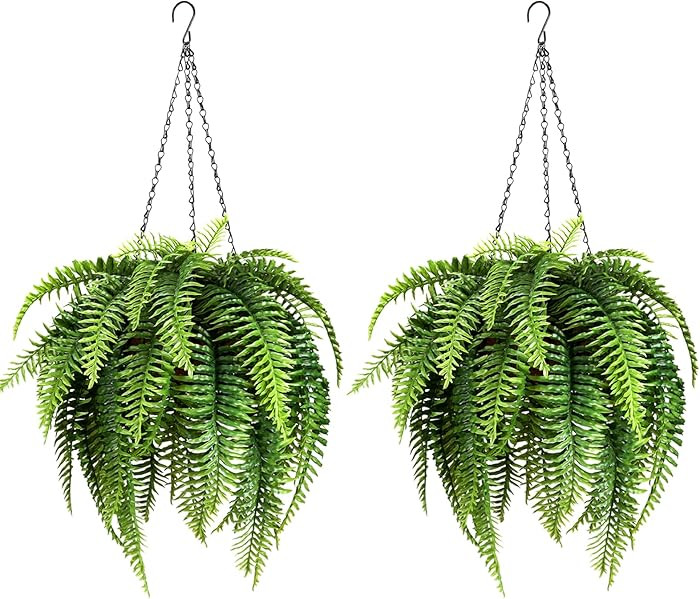 2 Set Fake Ferns with Hanging Baskets, Realistic Fake Hanging Plants, UV Resistant Artificial Fer... | Amazon (US)