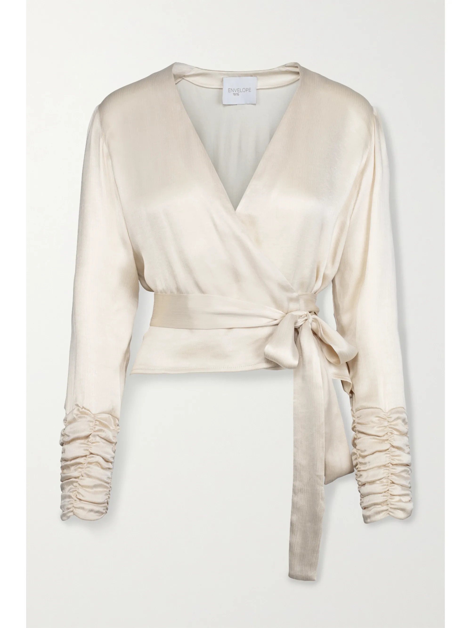 + NET SUSTAIN Korfu convertible ruched cupro-blend satin wrap top | NET-A-PORTER (UK & EU)