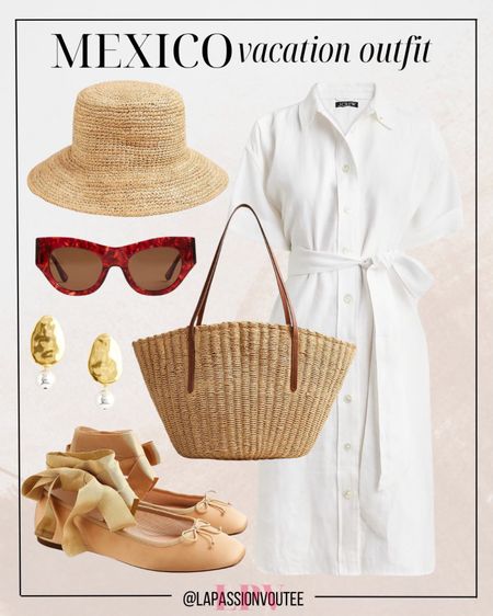 Effortless chic meets comfort for your Mexico getaway! Embrace the breezy charm of a linen shirtdress paired with stylish cat-eye sunglasses and a playful raffia bucket hat. Elevate your look with elegant drop earrings and complete the ensemble with versatile lace-up ballet flats for exploring in style under the sun.

#LTKtravel #LTKSeasonal #LTKstyletip