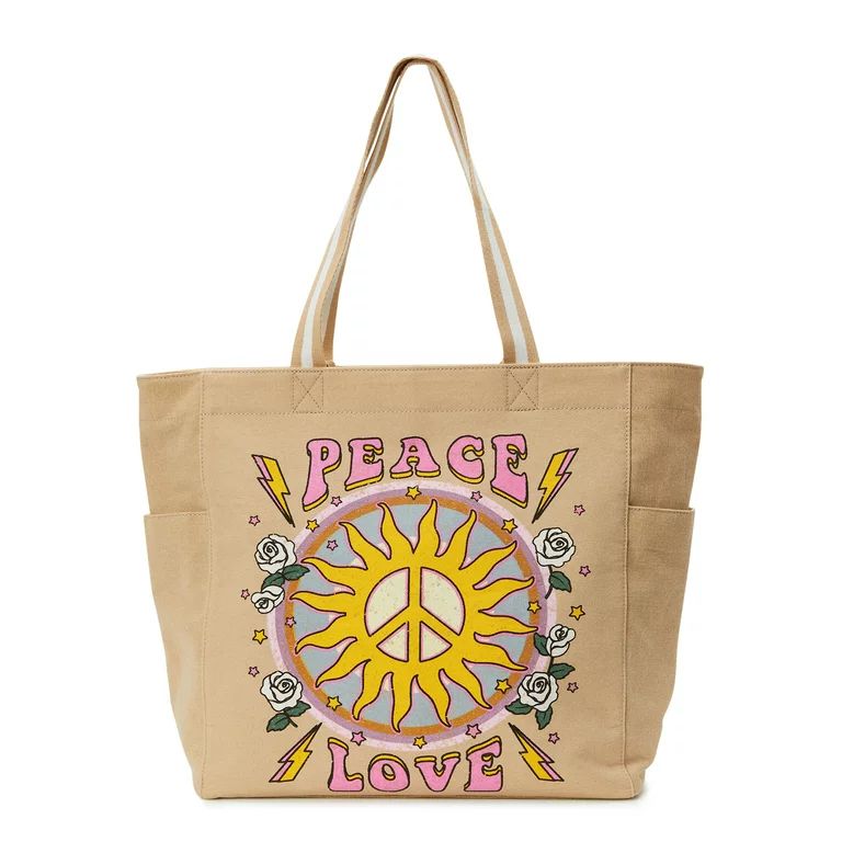 Women's Canvas Tote Handbag - Peace Love, Cafe Au Lait | Walmart (US)