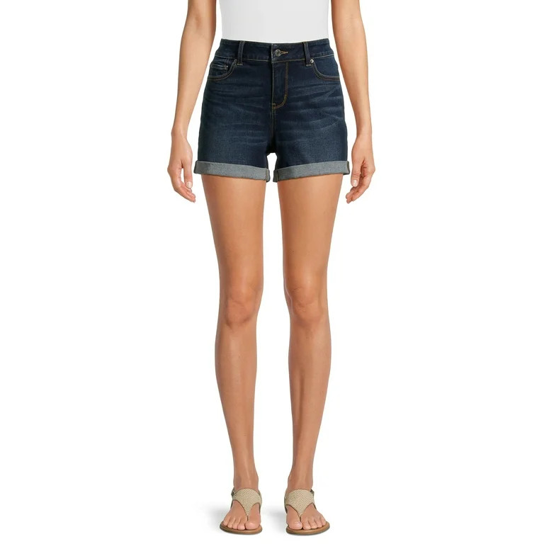 Time and Tru Women's Mid-Rise Double Roll Denim Shorts, 4" Inseam, Sizes 2-20 - Walmart.com | Walmart (US)