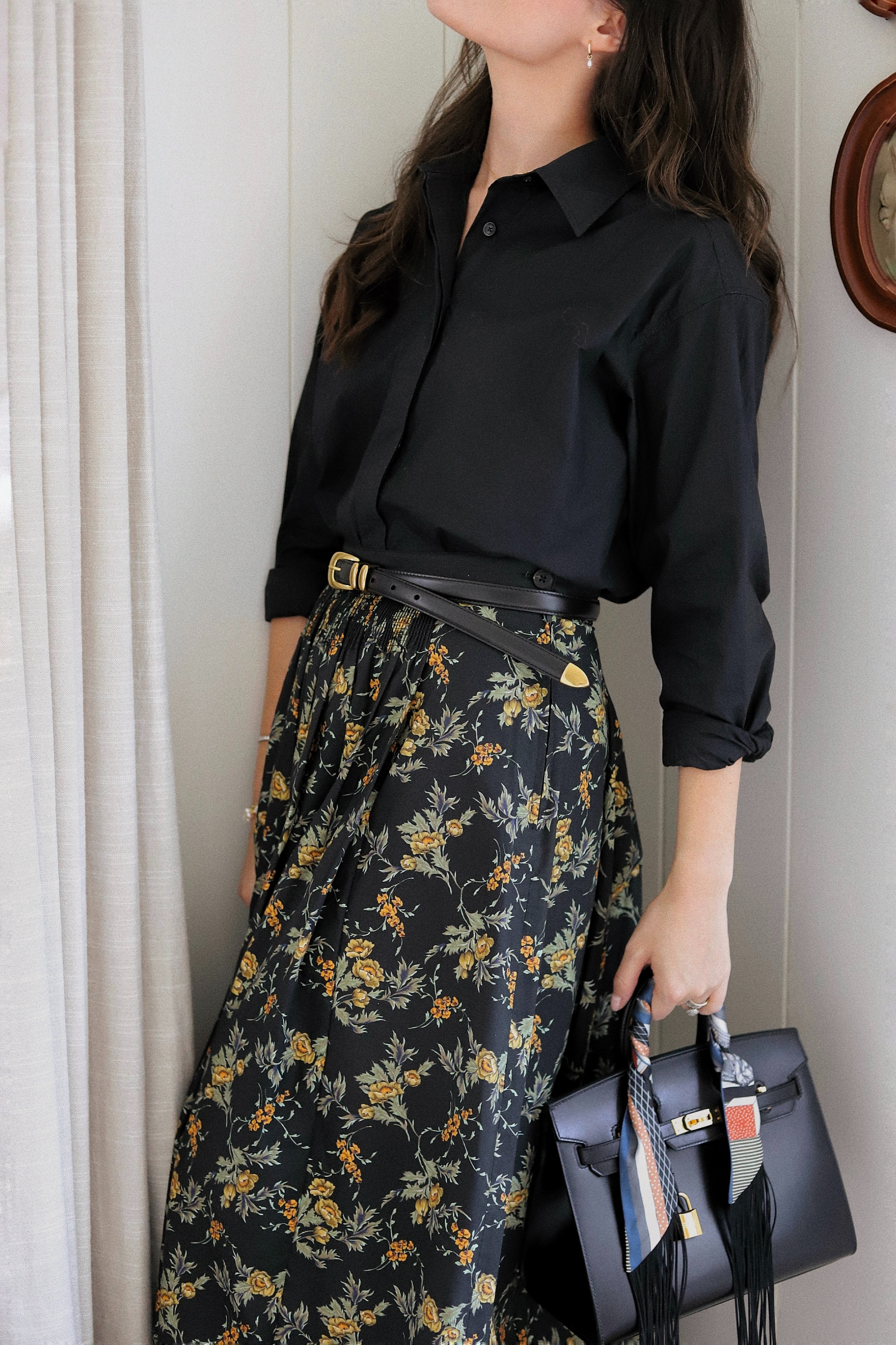 Fall floral skirt - wearing a size 2! Paired with a black button down, belt and accessories = the early autumn outfit i'll be wearing on repeat. 

 #LTKgrwm #LTKootd